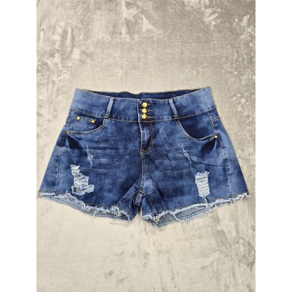 Denim Shorts Women Size 36 Blue Distressed Ripped High Waist Fray Raw Hem 3...